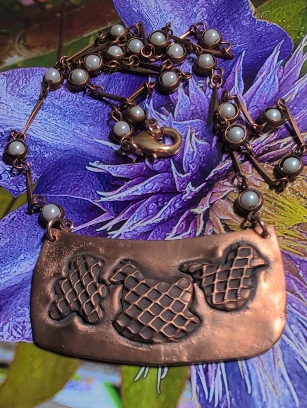 Handcrafted Copper Pendant Necklace with Pearl-Style Accents